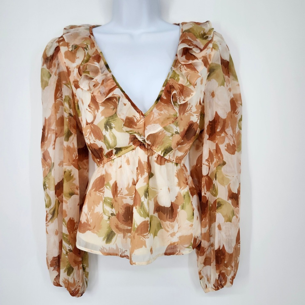 Abercrombie & Fitch Womens Earthy Indie Cottage Top Size M Sheer‎ Ruffle Peplum